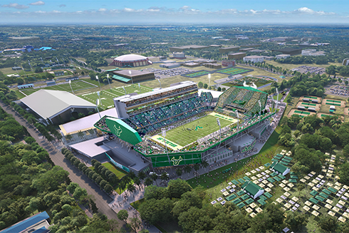 Rendering of the future USF on-campus stadium - daytime aerial view