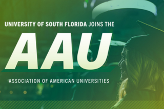 A green and gold graphic that reads: University of South Florida joins the AAU (Association of American Universities)
