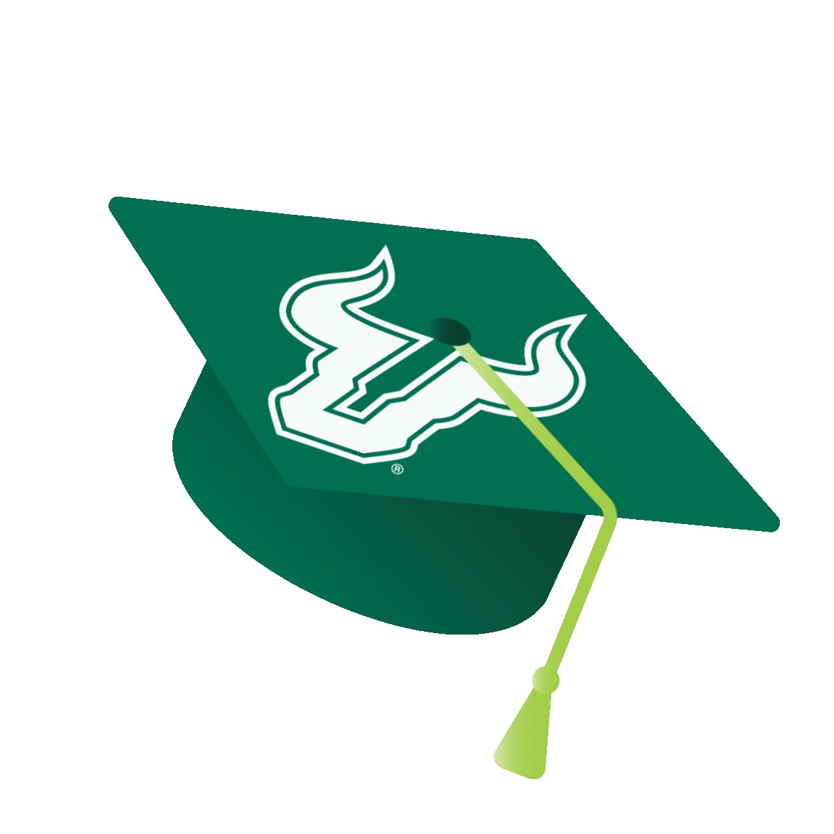 USF green graduation cap with gold tassle