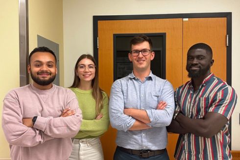 The team working on the S. aureus T7SS research (from left) Koushik Majumder, master’s student, Isabelle Powell, master’s student, Maksym Bobrovskyy, principal investigator, and Richard Agyen, PhD student. (Photo courtesy of Maksym Bobrovskyy)