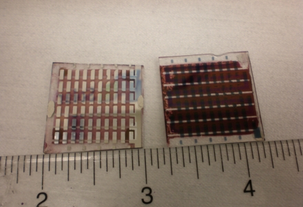 An organic micro solar array, developed in a previous study by Dr. Xiaomei Jiang, intended for use in microelectromechanical systems. (Photo courtesy of Dr. Xiaomei Jiang)