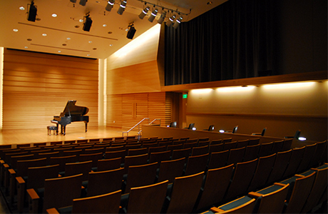 View of Barness Recital Hall seats and stage.