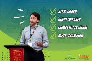 Get Involved Graphic with text reading " STEM Coach, Guest Speaker, Competition Judge, MESA Champion"