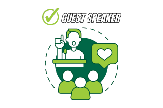 graphic with person speaking to group with text reading "Guest Speaker"