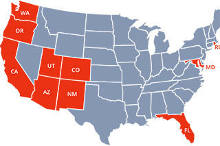 MESA USA Map with states highlighted reading "WA, OR, CA, UT, AZ, CO, NM, FL, MD, and RI"