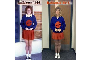 Lora Crider in same holloween cheerleading outfit 1984 vs. 2014