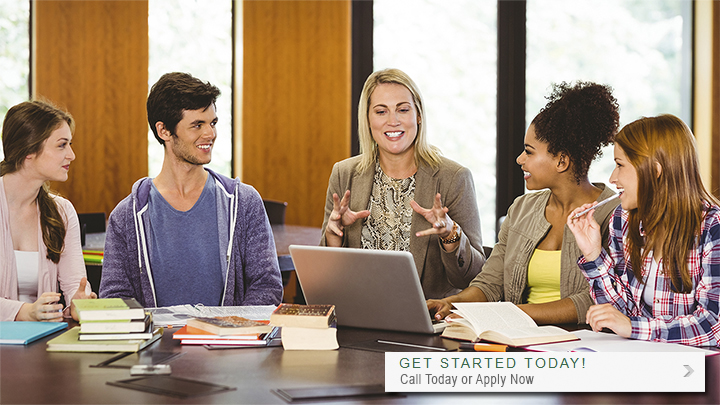 Get Started Today! Call Today or Apply Now text over group photo of students collaborating at a round table.