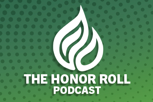 The Honor Roll Podcast Graphic: The Judy Genshaft Honors College torch over a green pattern background.