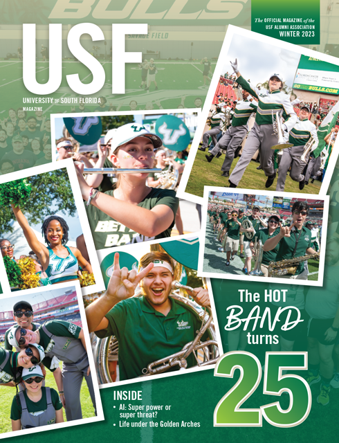 Scattered photos of the USF Herd of Thunder band members over the years are displayed on the cover of USF magazine, winter 2023 issue. The text reads The HOT band turns 25.