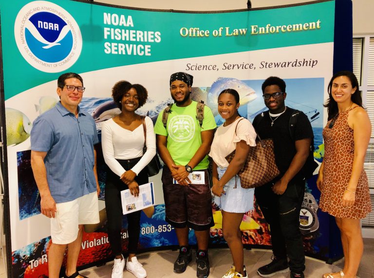 REU participants visited the NOAA Fisheries Southeast Regional Office. (left to right: Richard Rivera, Jenelle DeVry, Angel Cedeño, Alexis Peterson, Tione Grant, and Ana Arellano).