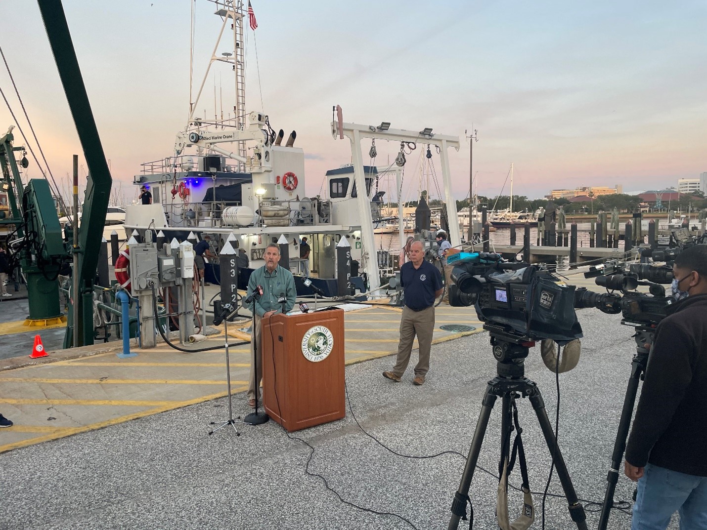 Tom Frazer, dean of the USF College of Marine Science, and Monty Graham, Director of FIO, spoke at a press event held before the R/V Weatherbird departed on the first research sampling effort in response to Piney Point.