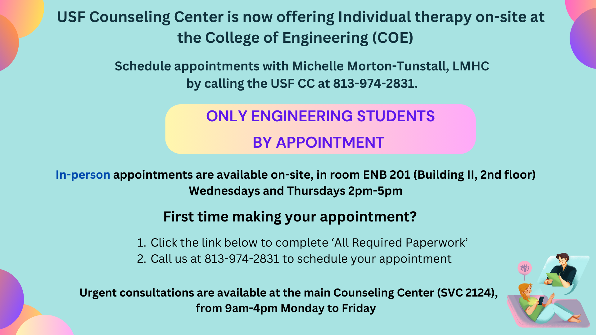 USF Counseling Center is now offering Individual therapy on-site at the College of Engineering (COE)