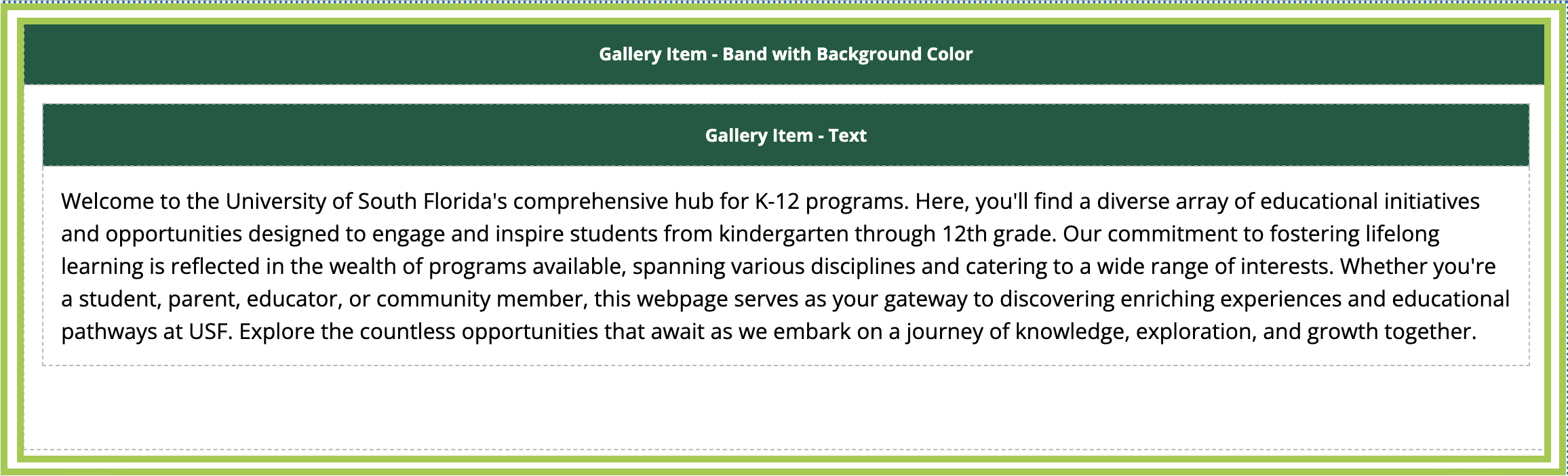 Editing view of Gallery Item - Text snippet inside a Gallery Item - Band with Background Color snippet.