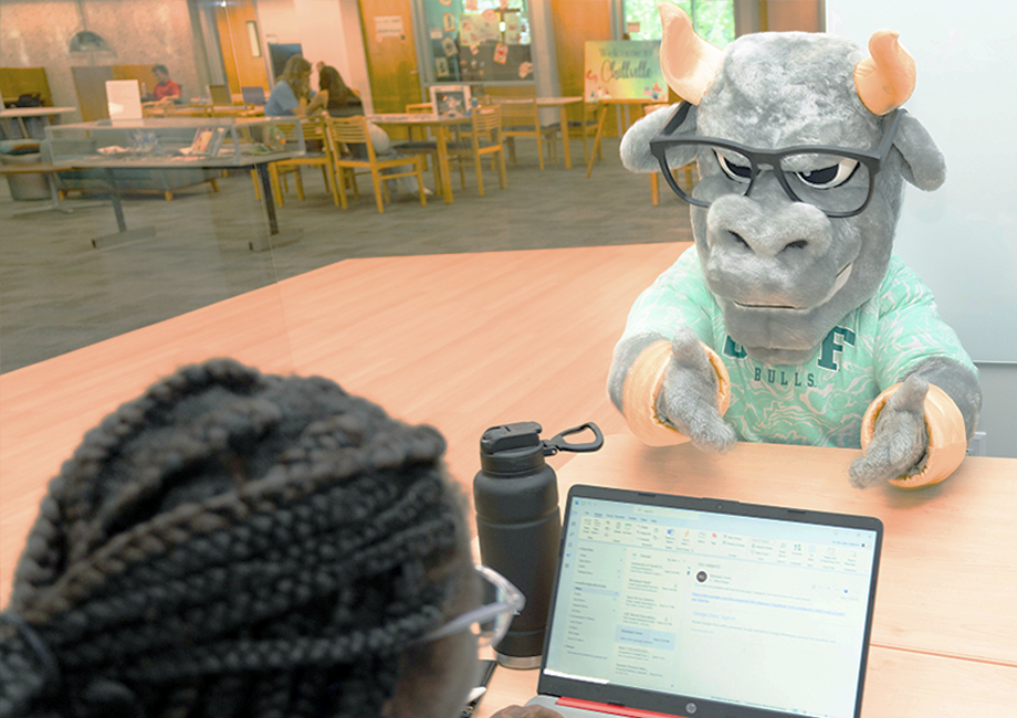Rocky the Bull talking to a student, who is working on their laptop