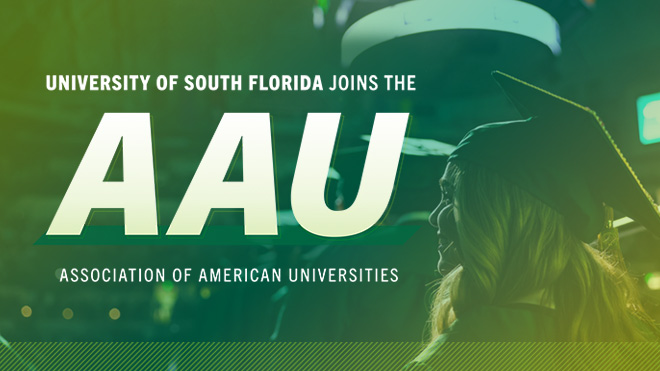 University of South Florida joins the AAU superimposed on a green beackground over a photograph of a graduation ceremony
