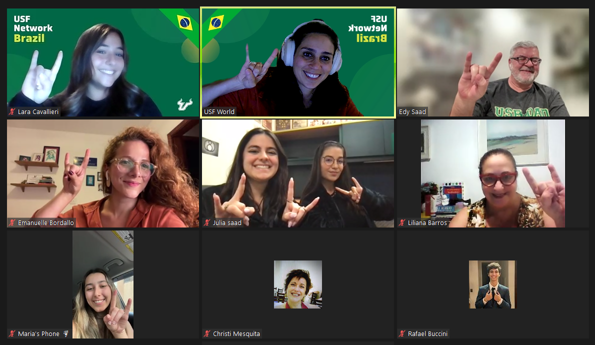 screenshot of 9 members of USF Network Brazil meeting virtually through Teams on their computers