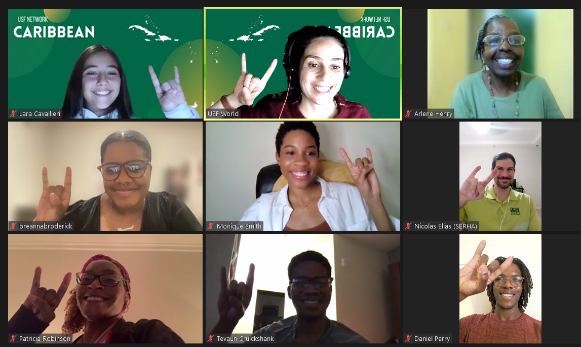 Screenshot of 9 participants from the usf alumni Network the Caribbean meeting online