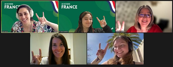 Screenshot of 5 participants from the usf alumni Network France meeting online