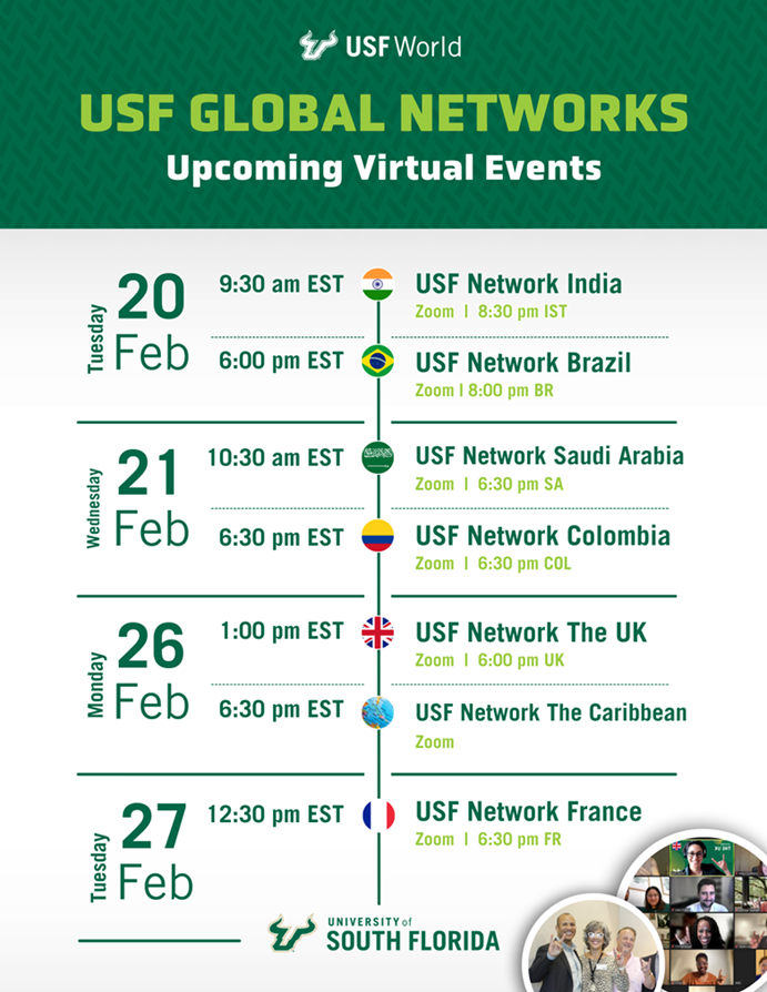 green and white calendar of Feb 2024 global network virtual meeting dates and times