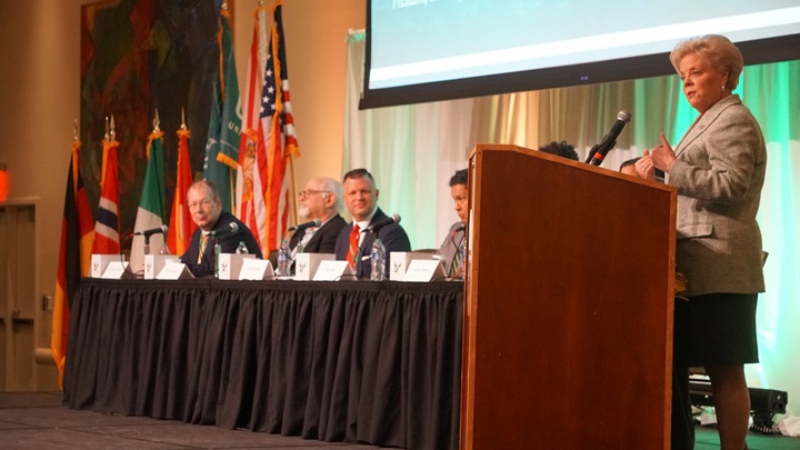 USF President Rhea Law, speaks with a panel of international business specialists at the International Business Forum held at USF
