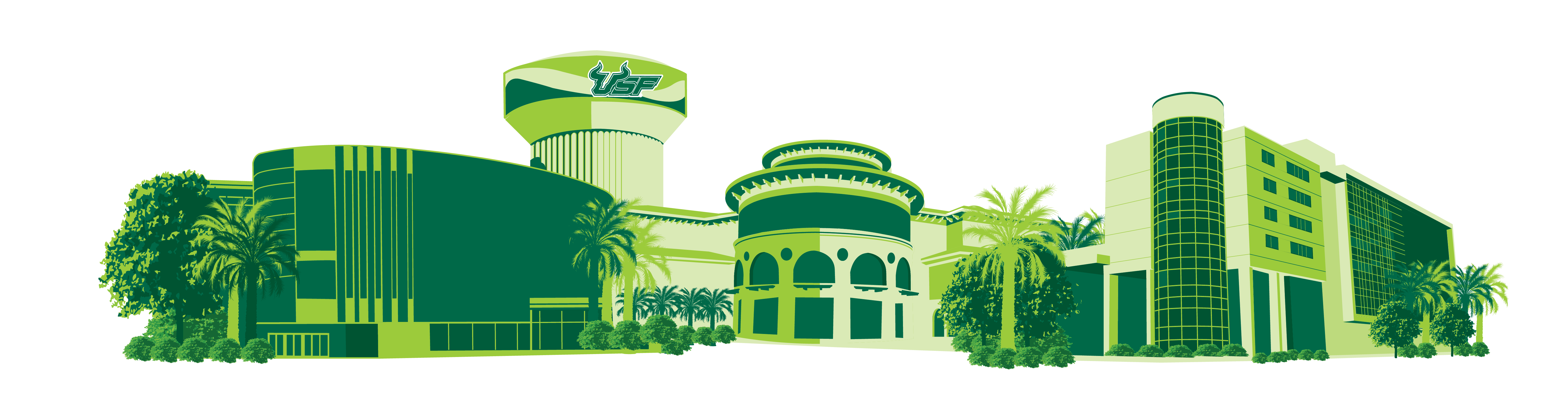 illustration of the Tampa, St. Petersburg, and Sarasota skylines of the three USF campuses