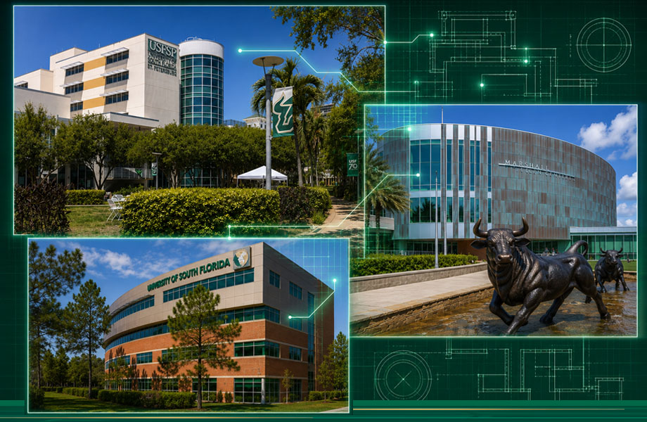 Campus buildings on green background with glowing nodes and connection lines