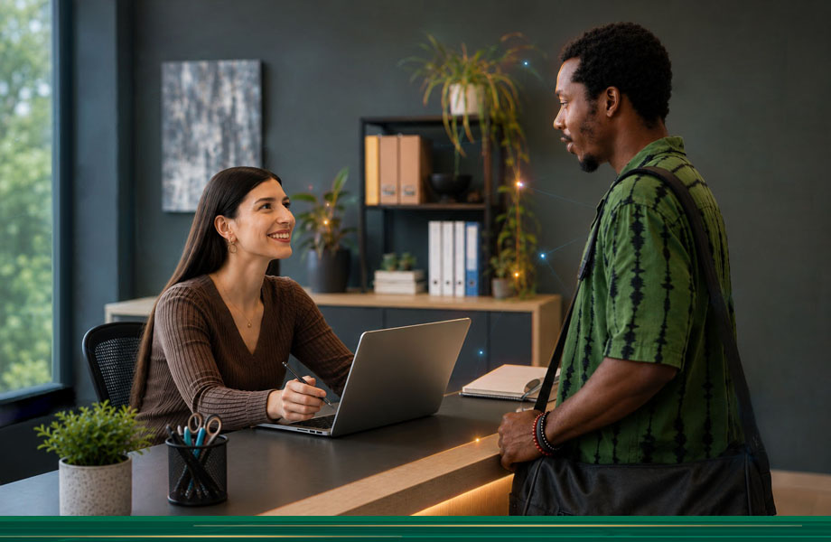 Lady at counter with laptop greeting customer