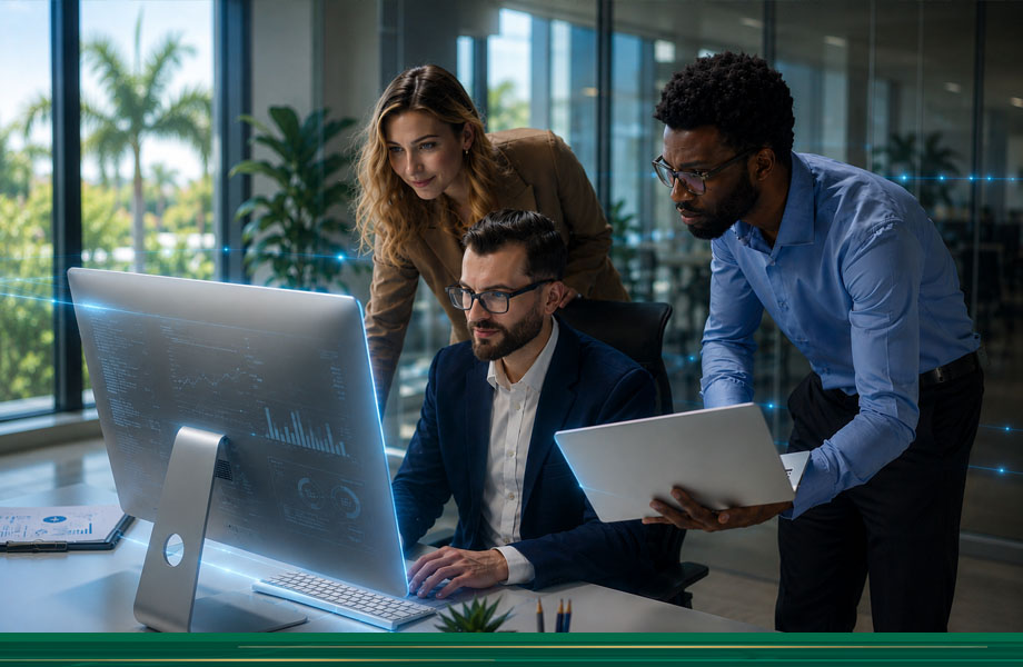 Three people working on computer with blue glowing lines