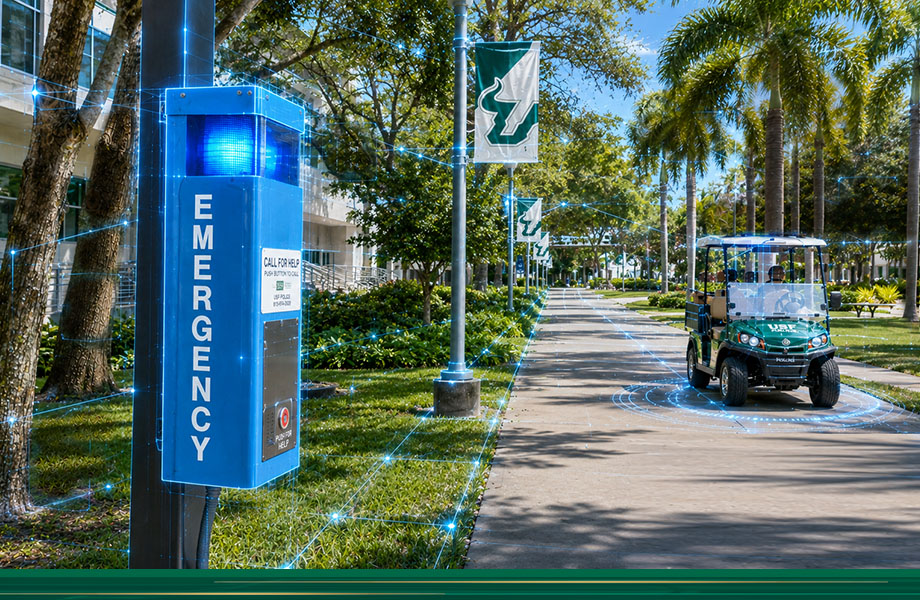 Campus scene with blue emergency light phone, golf cart and blue nodes and lines
