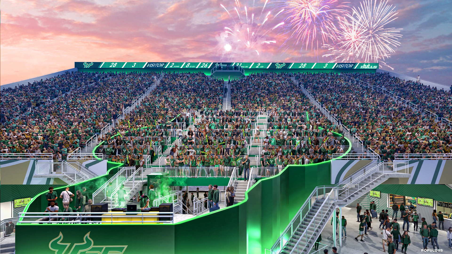 rendering of the future on-campus stadium with bull u section of people and night sky