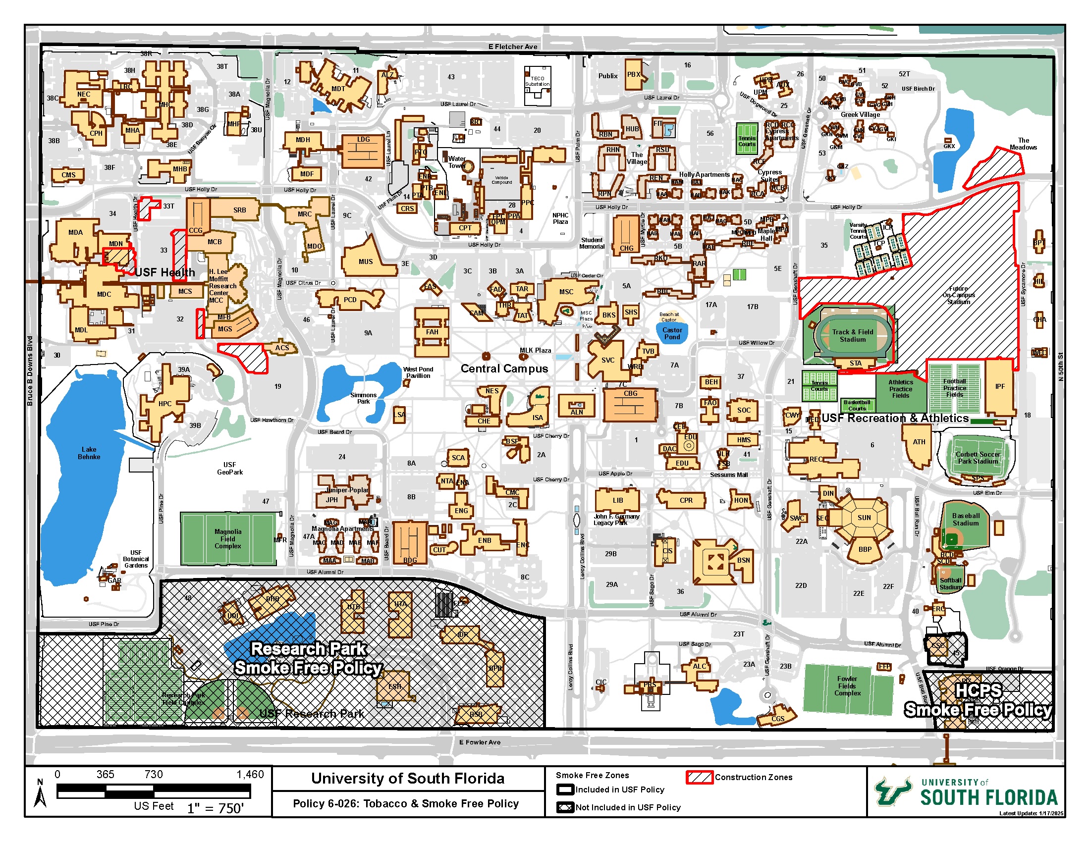 map of the enforcement area for the tobacco and smoke free policy at USF Tampa