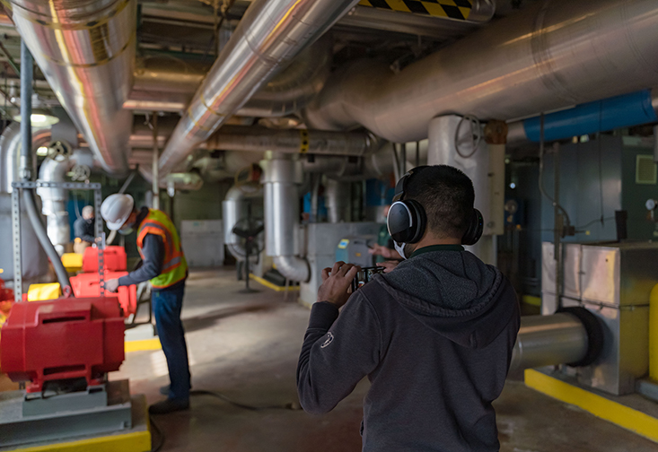 Hari Patel streams a tour of the Facilities Management Chiller Plant while answer questions on Microsoft Teams.