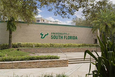 The USF logo on the SVC building on the Tampa campus.