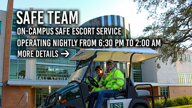 Safe Team provides safe escorts for students 3 men driving in a golf cart.