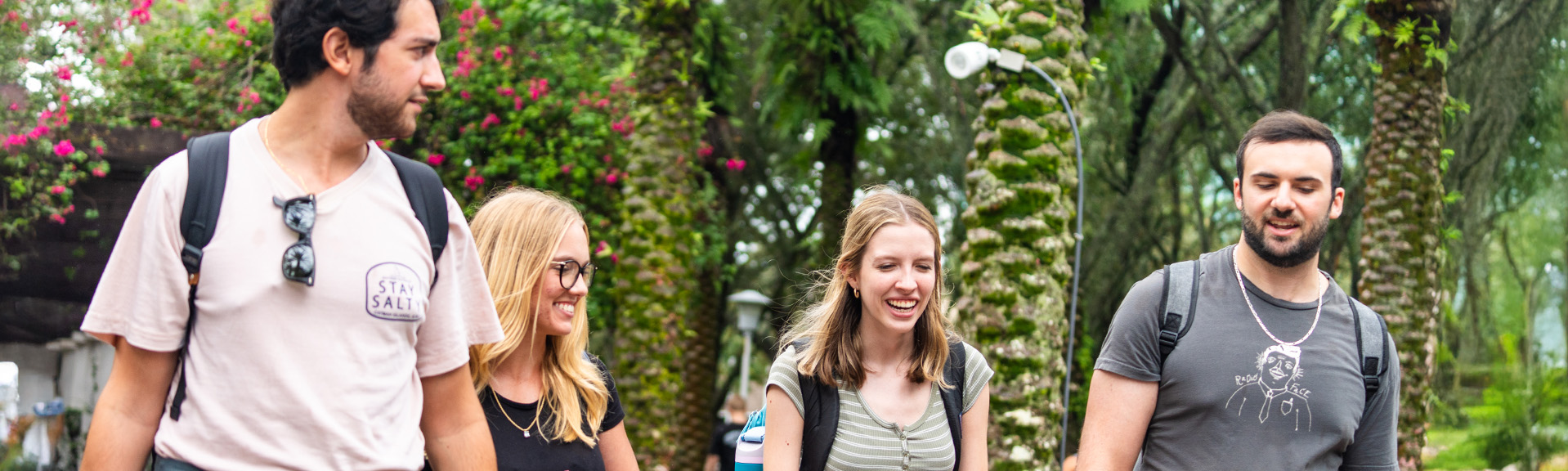 Four USF students smiling and walking together across a green campus.