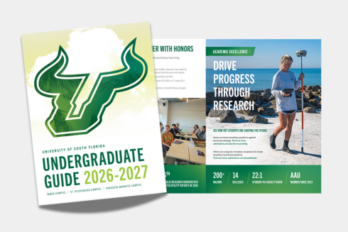 Visual of the front and two pages of the undergraduate guide to admissions.