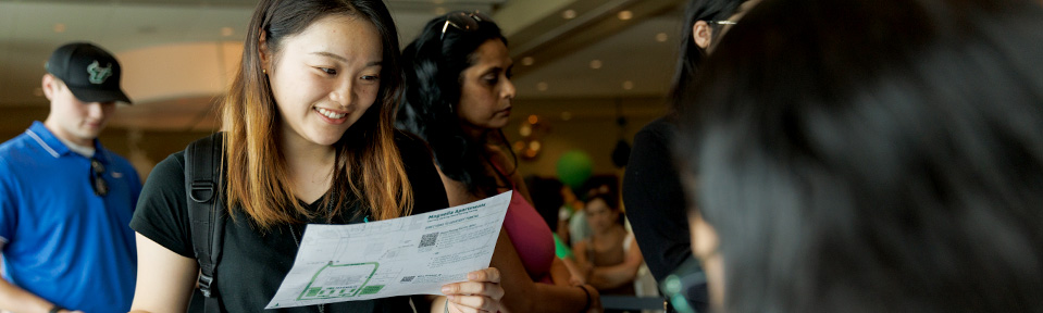 A USF transfer student at orientation.