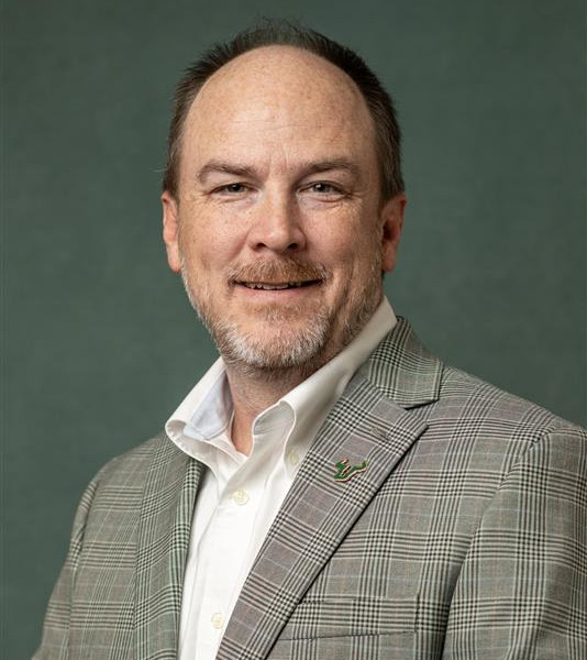 A person in a bull mascot costume wearing a green shirt is sitting at a table using a laptop.