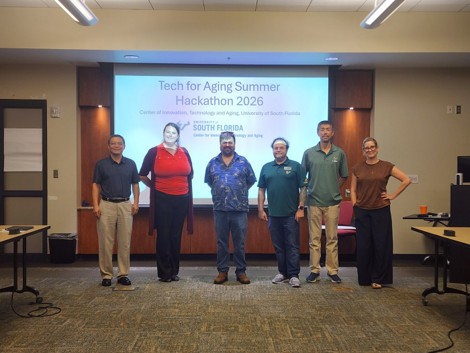 The TASH 2026 final-presentation judges — Chuanhai Cao, Jacqueline Hausmann, Jeff Craighead, Jonathan Clapp, and Michelle Arnold — with organizer Yu Sun. The five judges scored all eleven finalist teams.