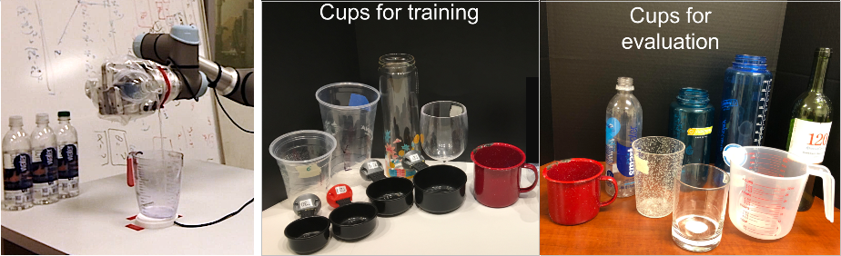 A robotic arm is pouring a liquid from a bottle into a clear cup on a table, with several water bottles in the background; two groups of various cups and containers labeled "Cups for training" and "Cups for evaluation" are displayed side by side on a dark surface.