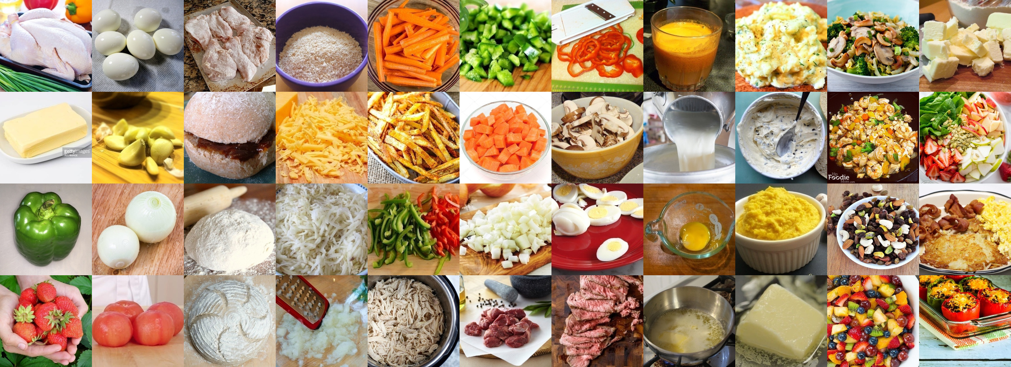 A vibrant collage of various food ingredients and dishes showcases raw chicken, eggs, vegetables like peppers and carrots, as well as prepared meals including stir-fried vegetables and colorful salads, emphasizing a wide array of cooking components and culinary preparation techniques.