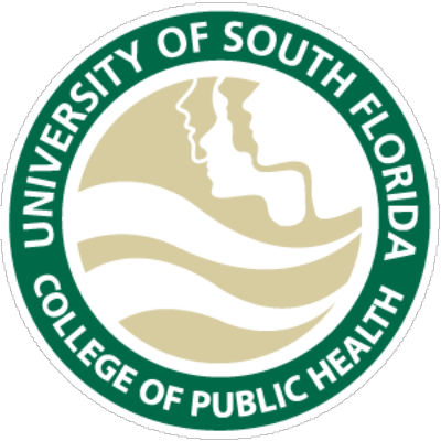 Circular emblem featuring the text "University of South Florida" and "College of Public Health," with stylized silhouettes of faces and wave-like forms in beige against a green background.