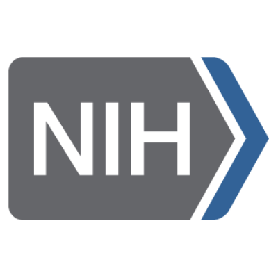 A gray rectangular logo features the letters "NIH" in bold white font, accompanied by a blue arrow pointing right, suggesting direction or progress.