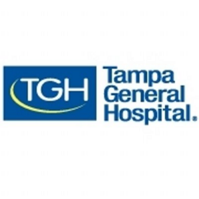 The logo features the letters "TGH" prominently in white against a blue background, accompanied by the full name "Tampa General Hospital" in bold blue text, signifying a healthcare facility. The design conveys a professional and modern appearance, with a green swoosh element accentuating the hospital's branding.