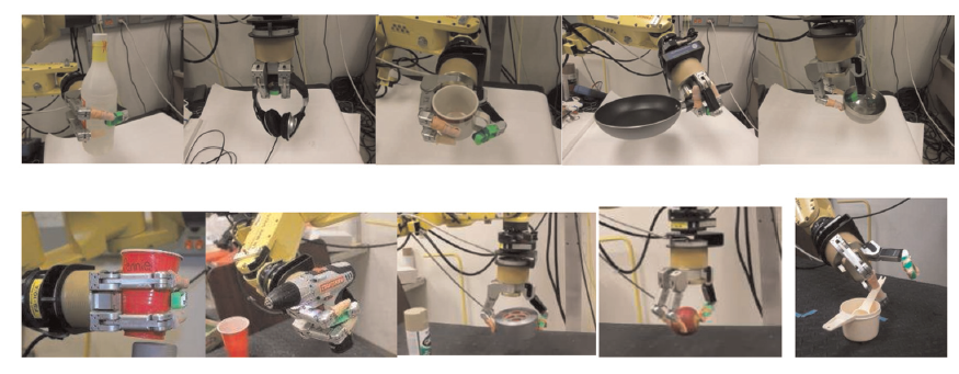A robotic arm manipulates various kitchen items, including a bottle, mug, frying pan, and cans, showcasing its ability to grasp and move objects in a laboratory setting. The sequence demonstrates the robot's dexterity and functionality in handling diverse shapes and materials.