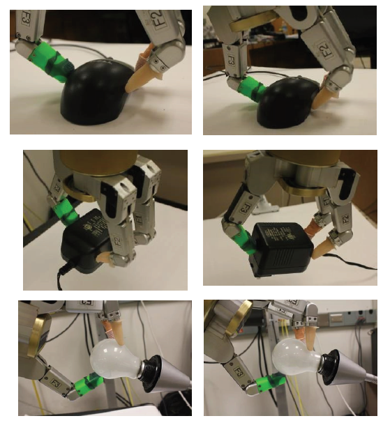 A robotic arm with green and silver segments engages in various tasks, including grasping a black object, holding a power adapter, and manipulating a light bulb, all set against a clean, neutral workspace. The arm's precise movements showcase its dexterity and functionality in handling diverse shapes.
