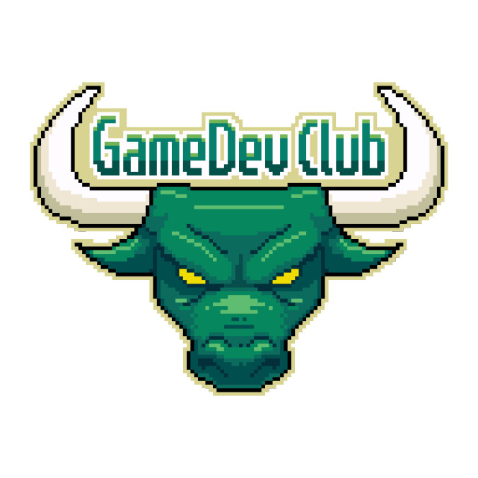 Pixel styled green bull with the text "GameDev Club" between horns