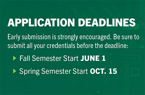 Application Deadlines- Early Submission is strongly encouraged. Be sure to submit all credentials before deadlines: Fall semester start is June 1, Spring Semester Start is October 15, and Summer Semester Start is February 15