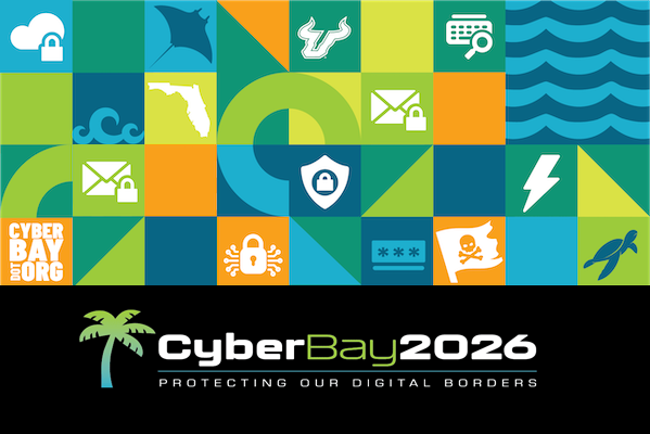 A vibrant collage of colorful geometric patterns features icons representing cybersecurity, a Florida map silhouette, waves, and a turtle, promoting the CyberBay 2025 event in Tampa from October 13-15. The design incorporates elements symbolic of technology and security, framed by palm trees and event sponsorships.