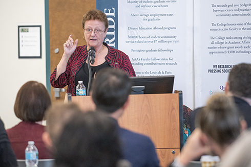 Julie Serovich, dean of USF’s College of Behavioral and Community Sciences, highlighted how important and relevant cross-discipline research is throughout both fields at an on-campus town hall meeting on Nov. 7 with its faculty and community partners.